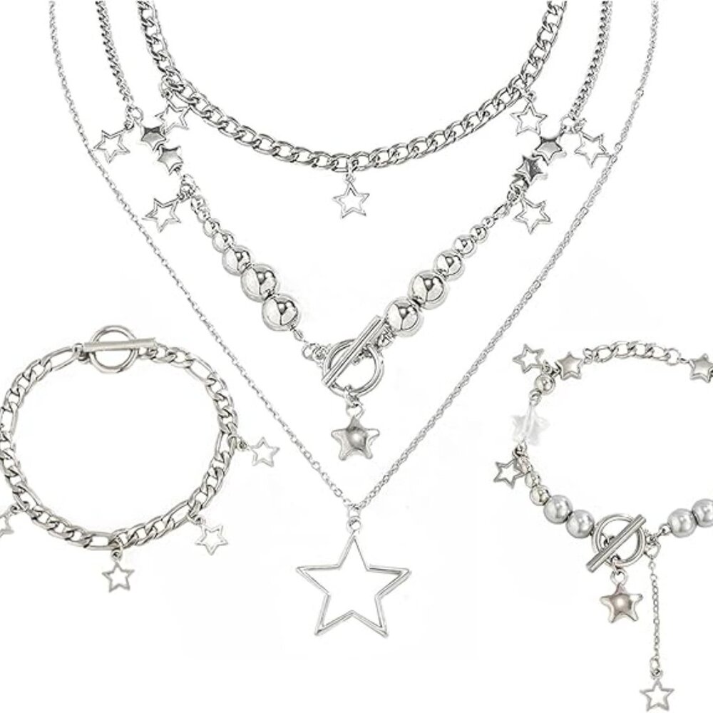Y2K Jewellery Set Silver Star Necklace Y2K Grunge Jewellery
